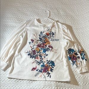 Floral Print Puff-Sleeve Women’s Top - Cream with Multi-Color Floral